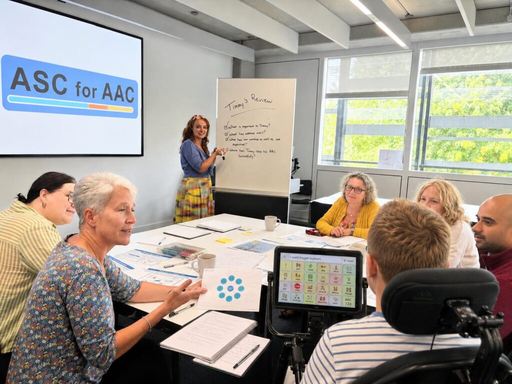 An image of a team of professionals discussing an appropriate symbol communication system with a young person. This image was edited using AI for an illustrative purpose.